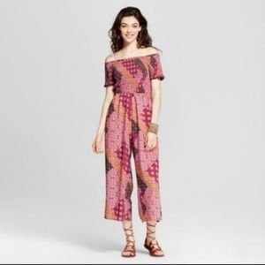 Smocked Off the Shoulder Crop Jumpsuit Romper